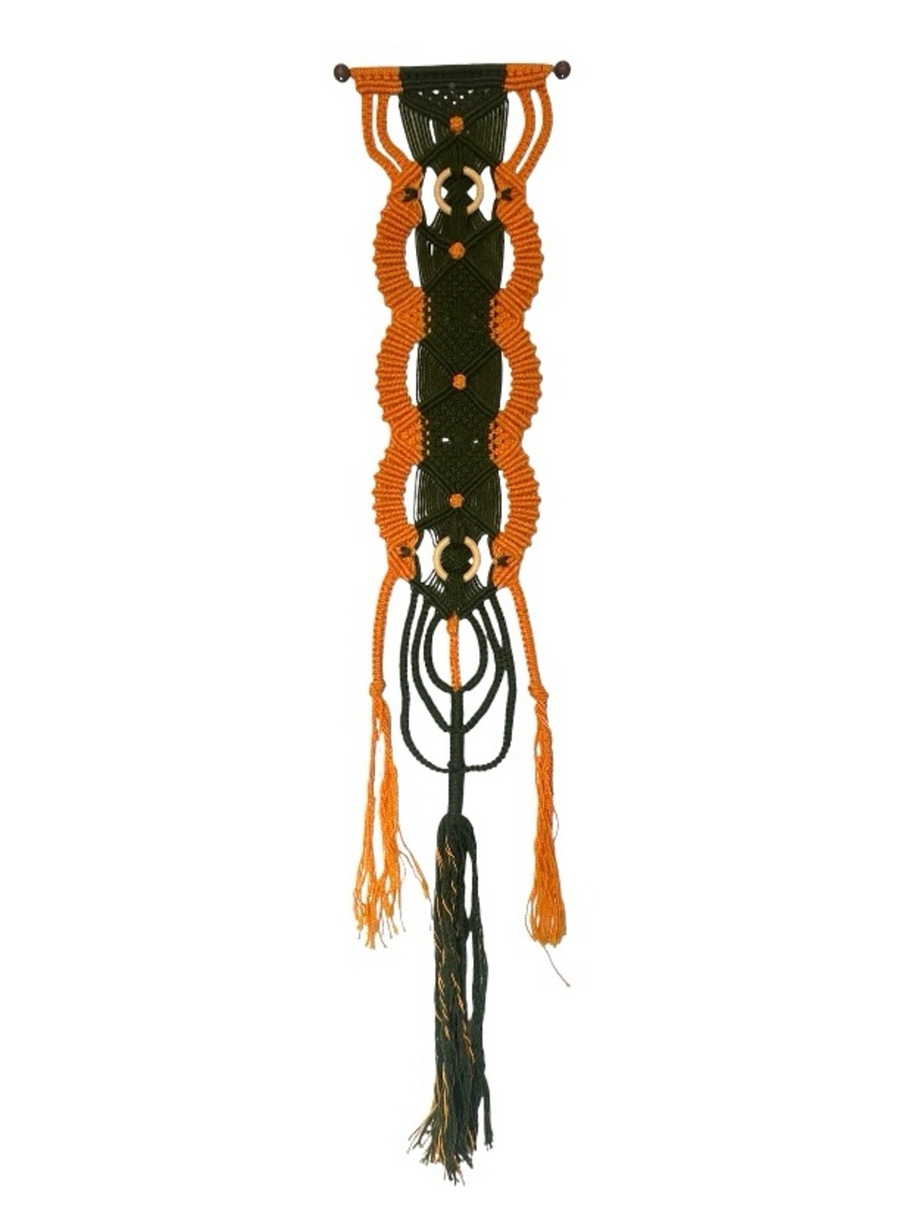 Handmade 70s Vintage Macrame Large Wall Hanging Green and Orange 50X10